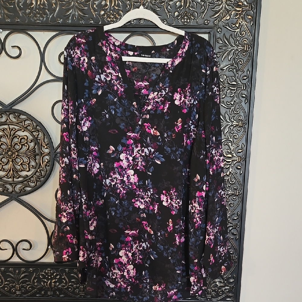 Floral Black and Purple Women's V-Neck Blouse
